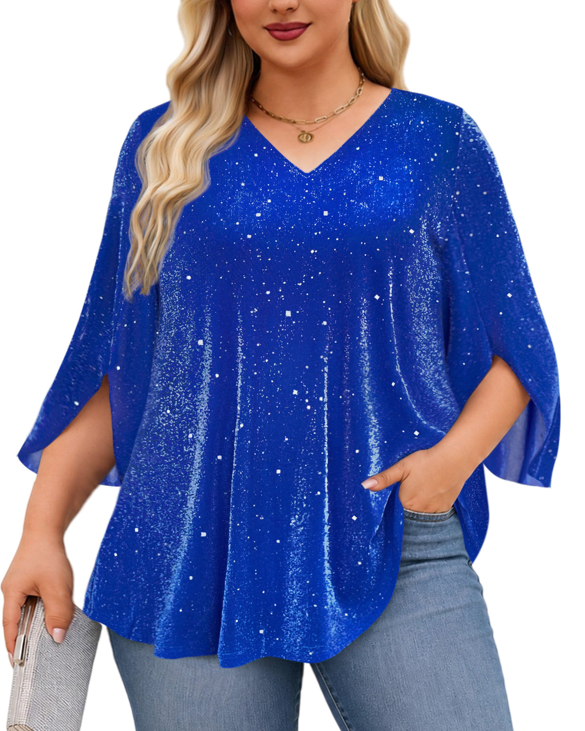 Plus Size Royal Blue Sparkle V-Neck Top S3