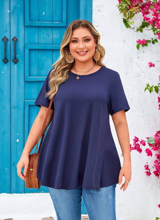 Women's Plus Size Navy Blue Tunic Top – Short Sleeve Solid Swing Blouse e13