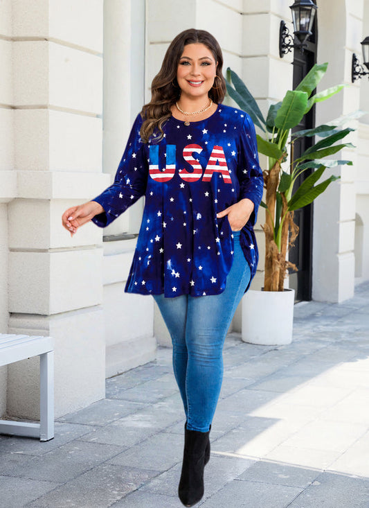 Women's Navy Blue & Red Plus Size Tunic Top – 3/4 Sleeve Swing Flowy Blouse A48