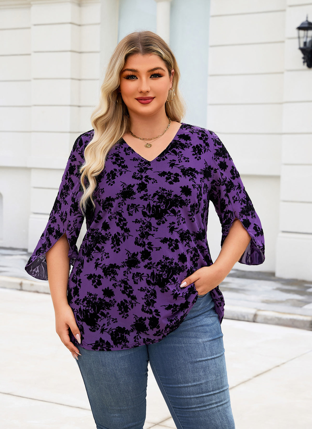 Plus Size Purple Floral V-Neck Top S5