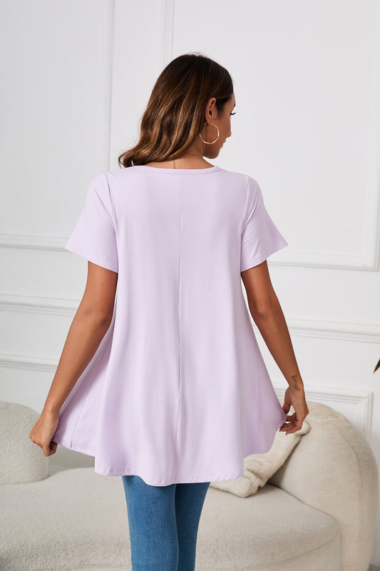 Lavender Purple Short Sleeve Swing Tunic Top – Women's Plus Size Crew Neck Flowy Blouse to Wear with Leggings (S–7XL) B3
