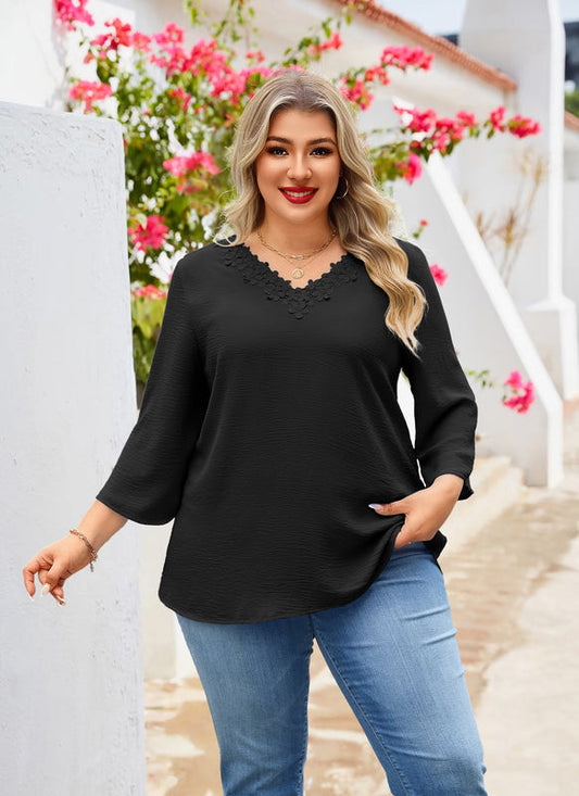 Women's Plus Size Floral Trim Tunic Top | 3/4 Sleeve V-Neck Blouse – Black J1