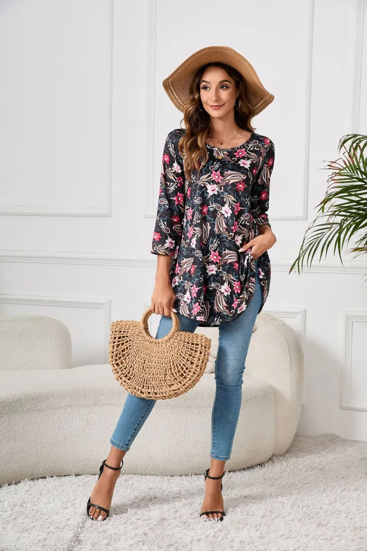 3/4 Long Sleeve Tunic with Stripes