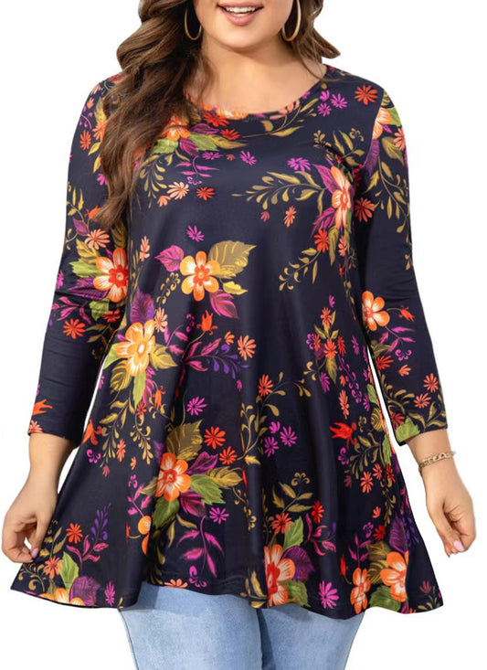 Women's Plus Size Floral Tunic Top | 3/4 Sleeve Swing Blouse, Flowy Loose Fit, Wear with Leggings – Orange Floral, S to 7XL A6 SATBF