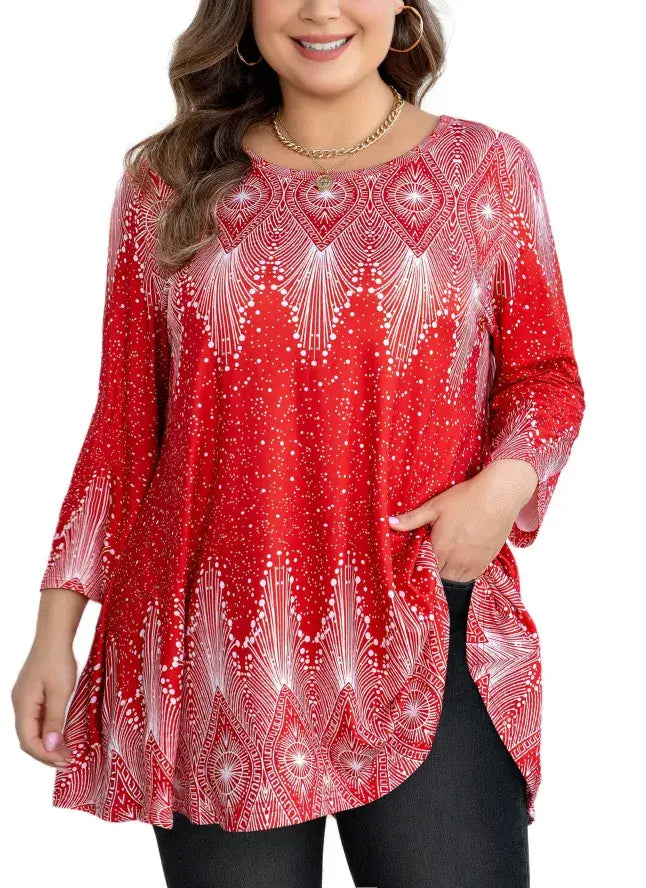 Loose Fit Plus Size Floral Long Sleeve Tunic for Fall