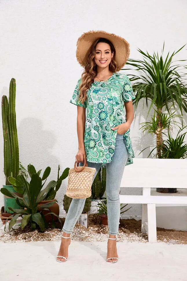 Floral Print Plus Size Tunic with Long Sleeves and Autumn Colors