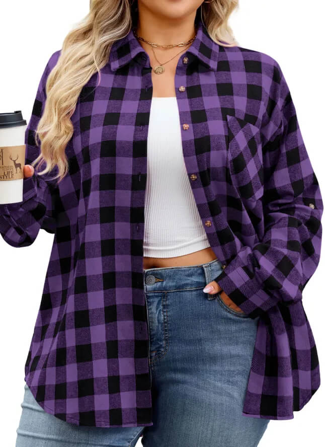 Plus size women’s black and purple plaid shirt, elegant and chic fall look