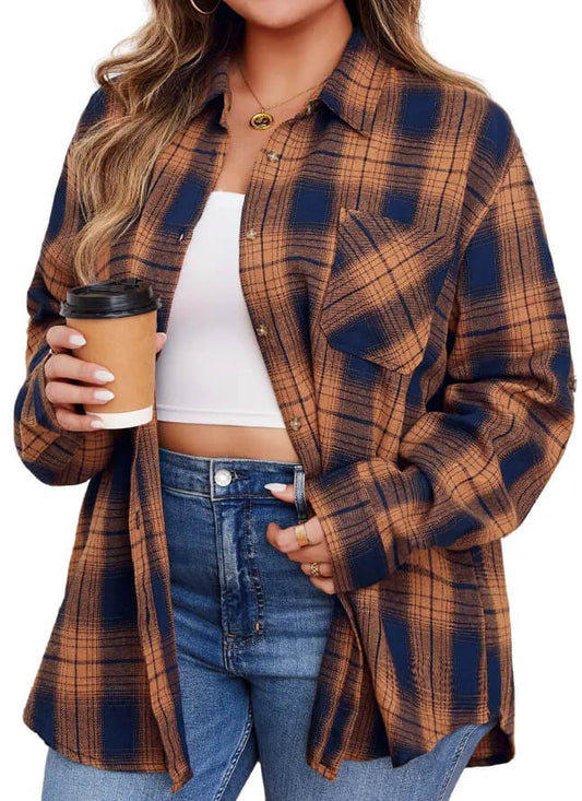 Plus Size Women’s Plaid Shirt – Black & Brown Vintage Style