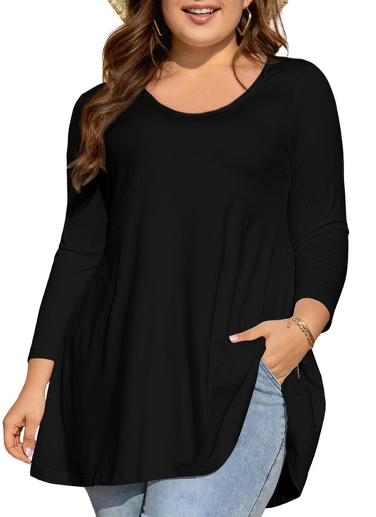 Women's Plus Size Black Tunic Top | 3/4 Sleeve Swing Blouse with Pockets, Hi-Low Hem, Wear with Leggings – L to 7XL A9 SATB