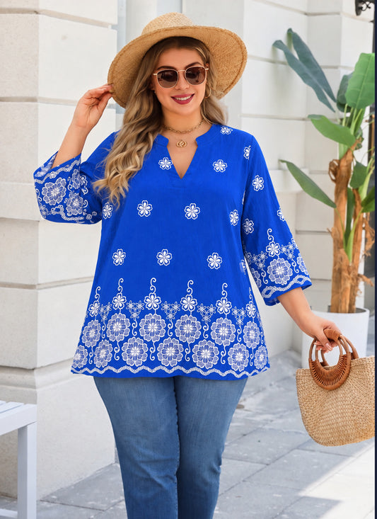 Plus Size Royal Blue Floral Tunic Top. L9