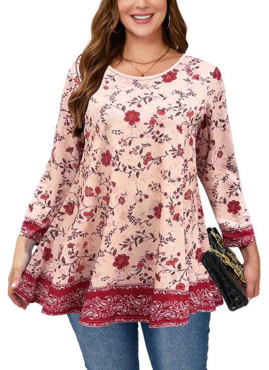 Women's Plus Size Red & Pink Floral Tunic Top – 3/4 Sleeve Swing Flare Blouse d16