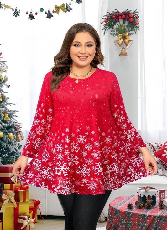 Women's Plus Size Red Christmas Tunic Top – 3/4 Sleeve Festive Swing Flare Blouse d25