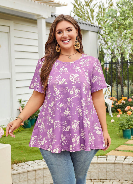 Women's Plus Size Purple & White Tunic Top – Short Sleeve Swing Blouse e11