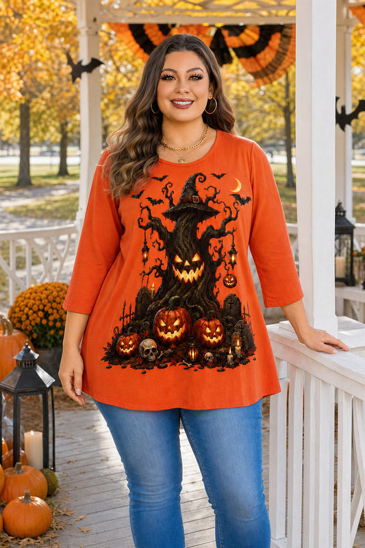 Women's Orange Swing Tunic Top – 3/4 Sleeve, Plus Size C41