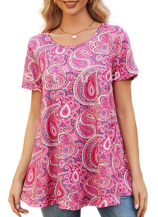 Hot Pink Paisley Print Tunic Top – Women's Plus Size Short Sleeve Swing Blouse to Wear with Leggings (S–7XL) b17
