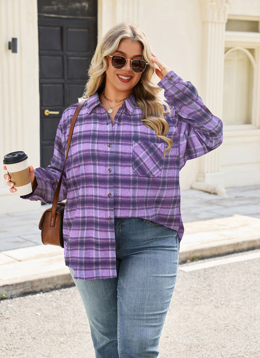 Plus Size Purple Plaid Button-Up Shirt