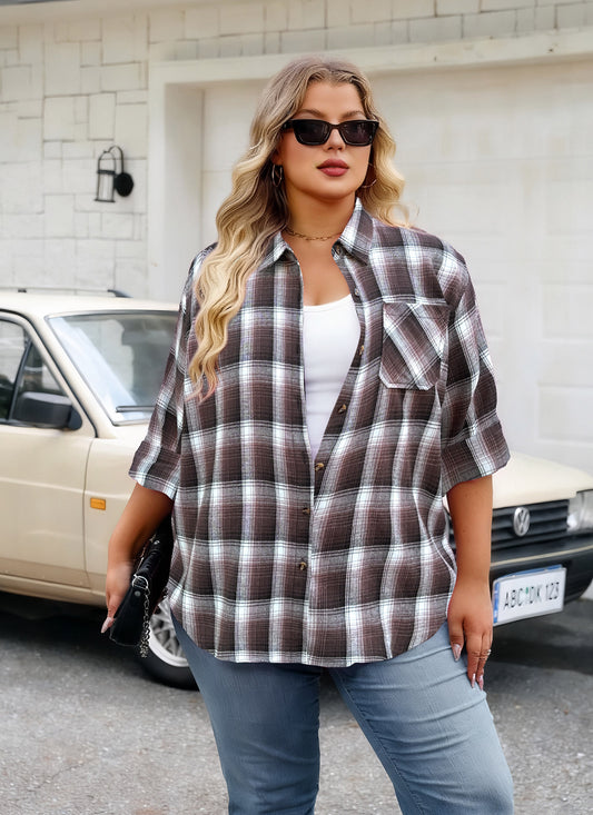 Plus Size Brown Plaid Button-Up Shirt G12