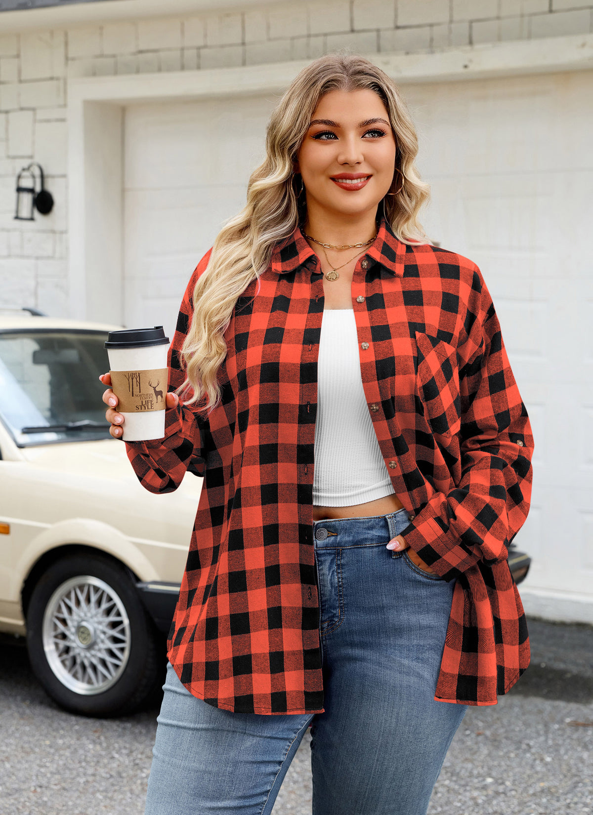 Plus Size Orange Red Buffalo Plaid Button-Up Shirt F23