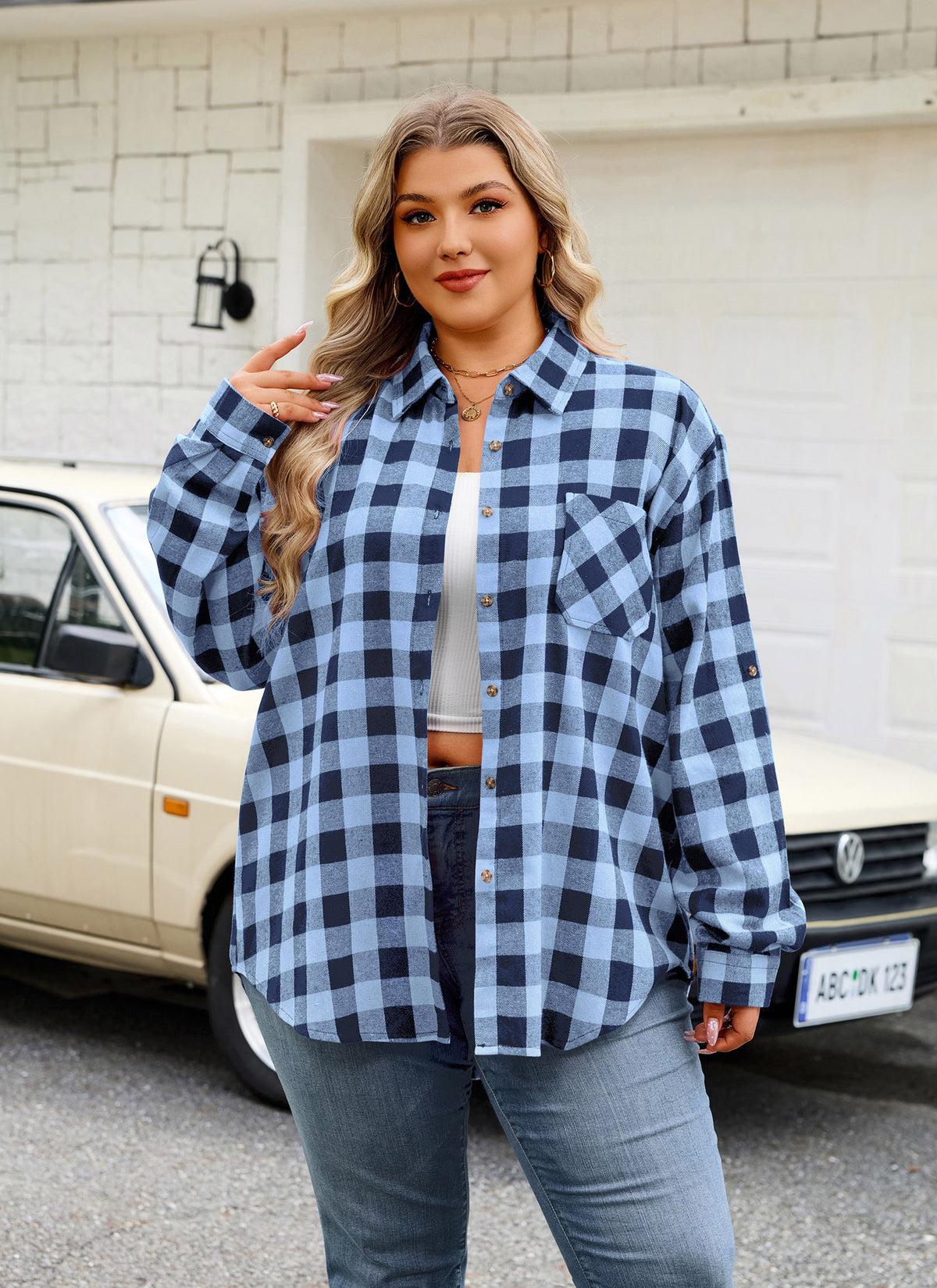Plus Size Light Blue Buffalo Plaid Button-Up Shirt F22