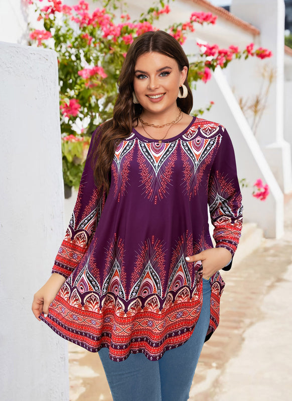 Women's Plus Size Orange & Purple Floral Tunic Top – 3/4 Sleeve Swing Flare Blouse d15