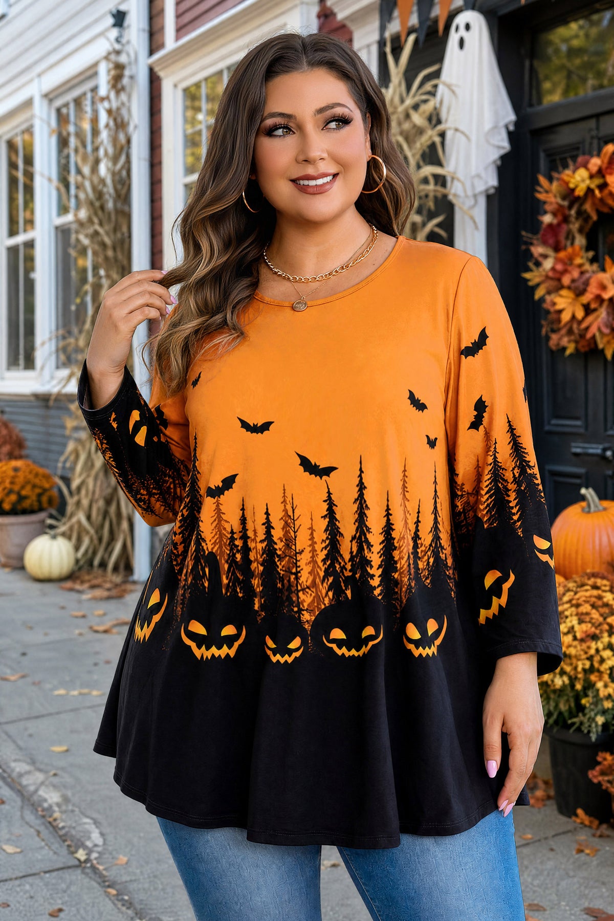 Plus Size Orange Halloween Pumpkin Tunic Top D36