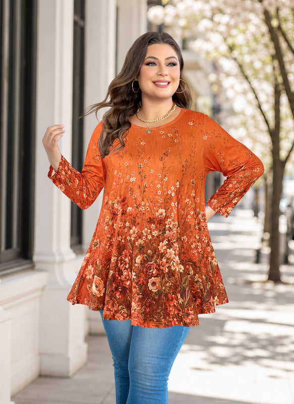 Women's Orange & Black Plus Size Tunic Top – 3/4 Sleeve Flowy Blouse A52