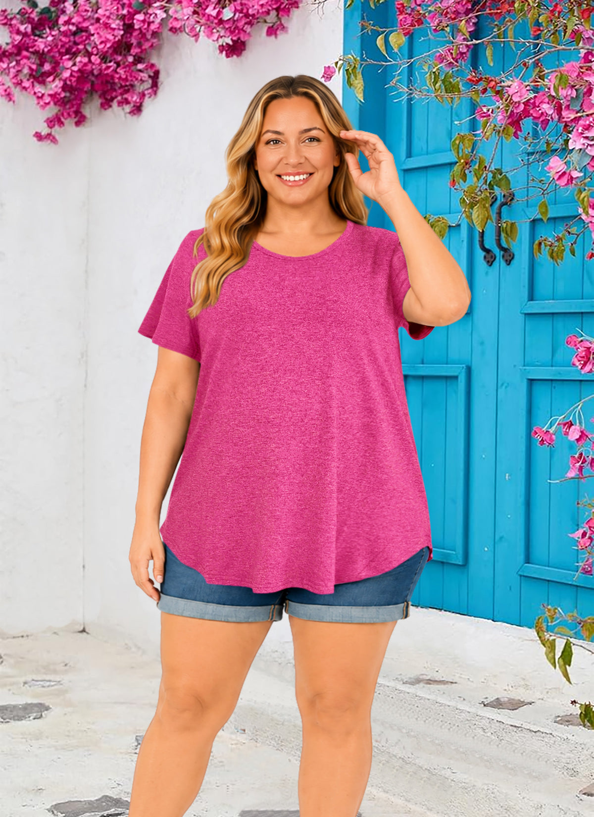 Plus Size Hot Pink Short Sleeve Tunic Tee