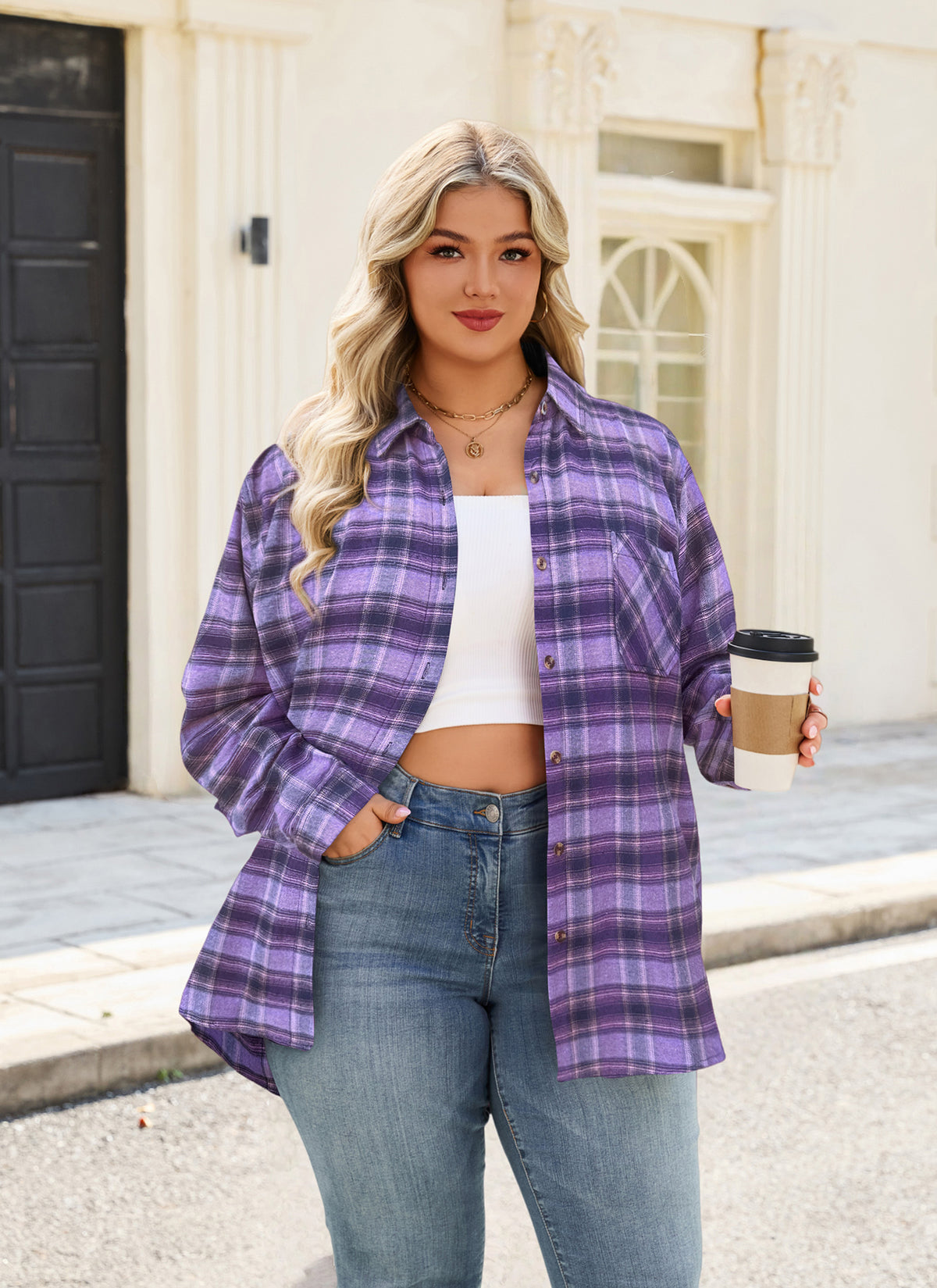 Plus Size Purple Plaid Button-Up Shirt