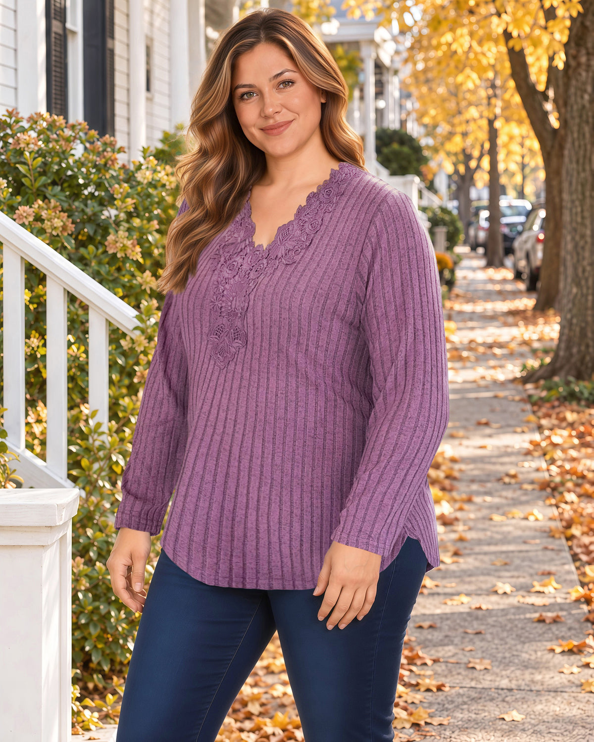 Plus Size Mauve Lace-Trim Ribbed Tunic Top R5