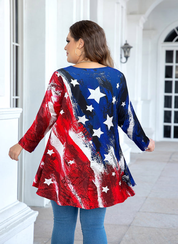 Women's Plus Size American Flag Tunic Top – 3/4 Sleeve Patriotic Swing Flare Blouse d17