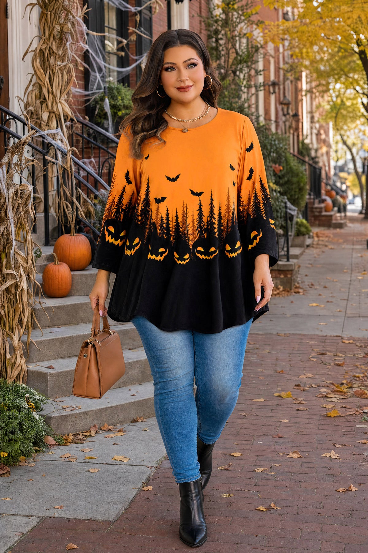 Plus Size Orange Halloween Pumpkin Tunic Top D36