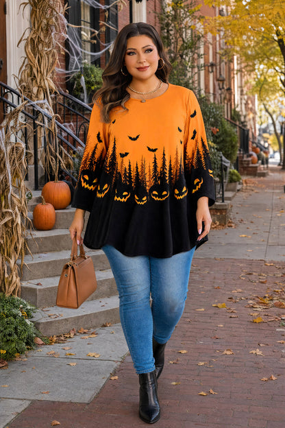 Plus Size Orange Halloween Pumpkin Tunic Top D36