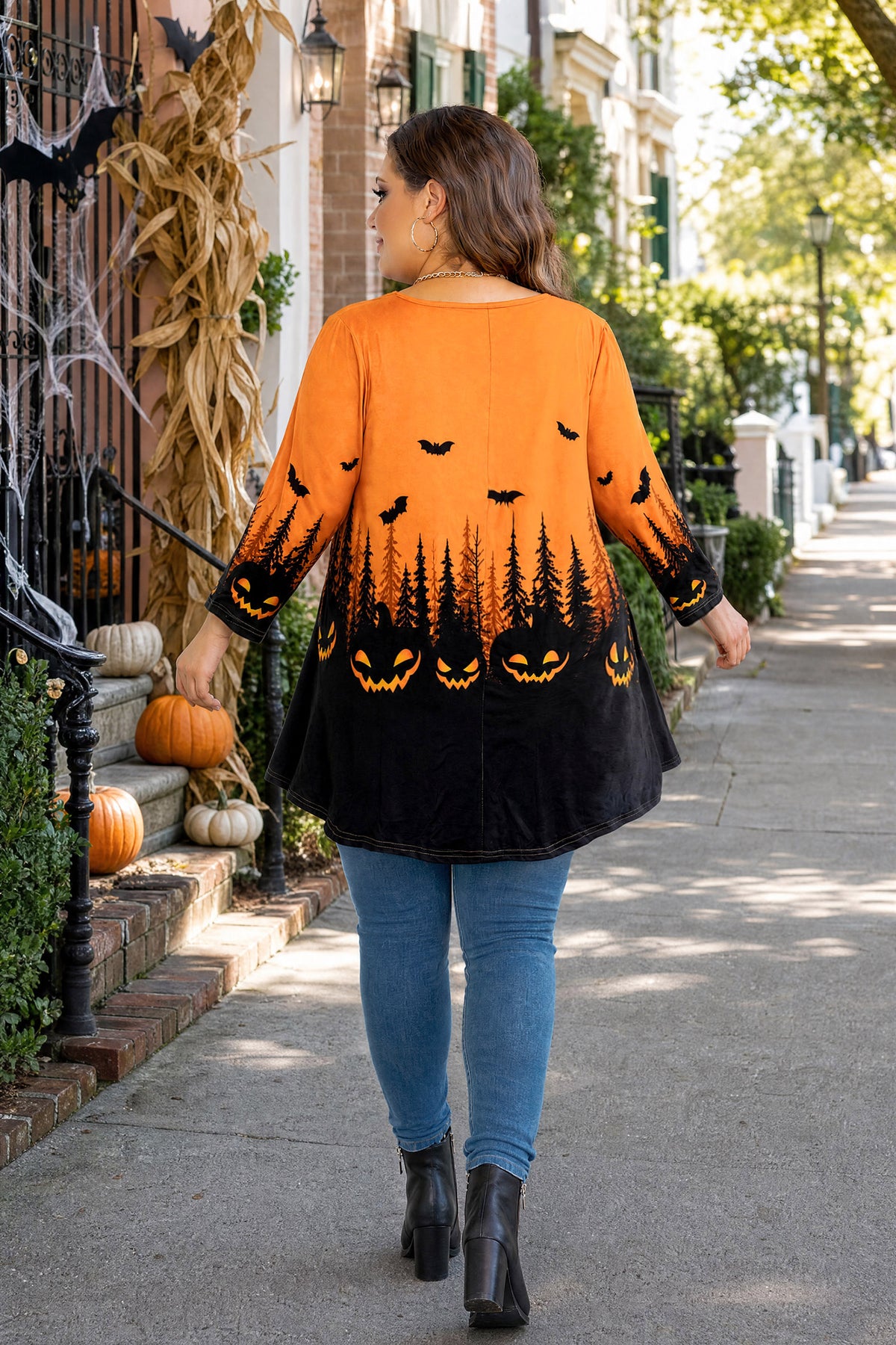 Plus Size Orange Halloween Pumpkin Tunic Top D36