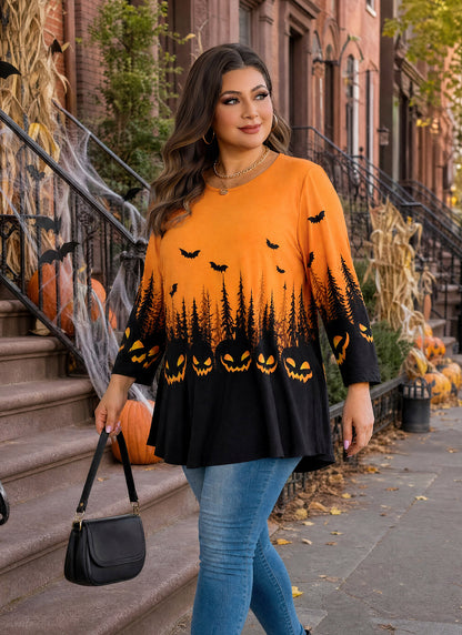 Plus Size Orange Halloween Pumpkin Tunic Top D36