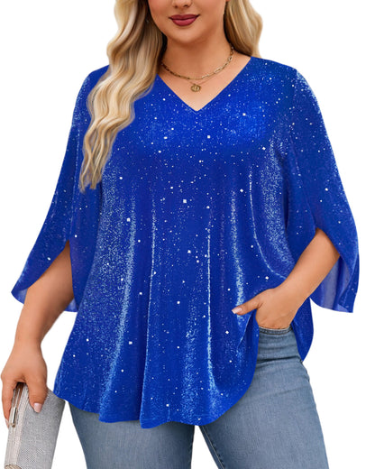 Plus Size Royal Blue Sparkle V-Neck Top S3
