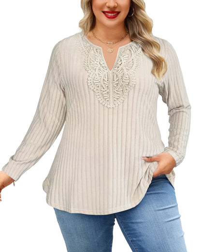 Plus Size Ivory Lace-Trim Tunic Top Q1