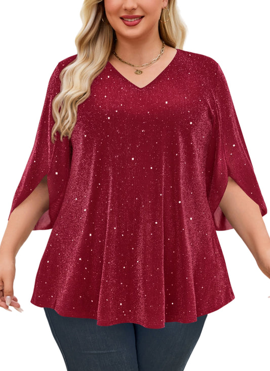 Plus Size Red Sparkle V-Neck Top S2