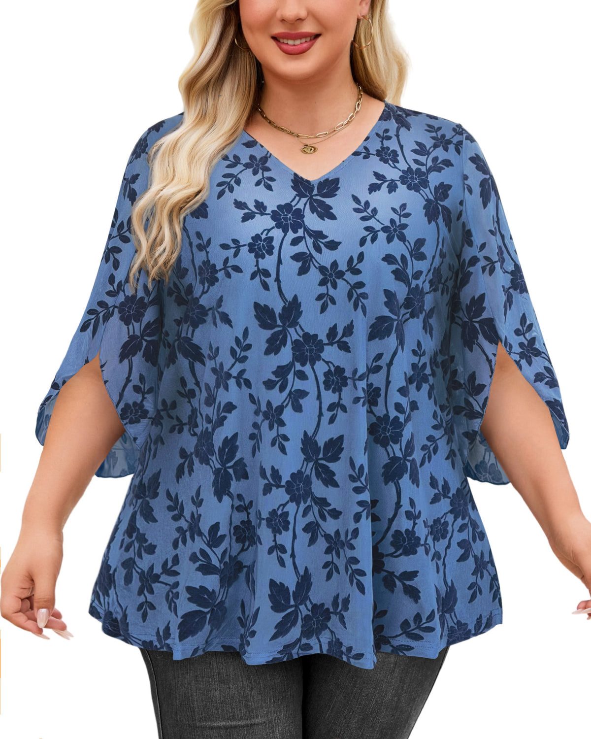 Plus Size Dusty Blue Floral V-Neck Top S6