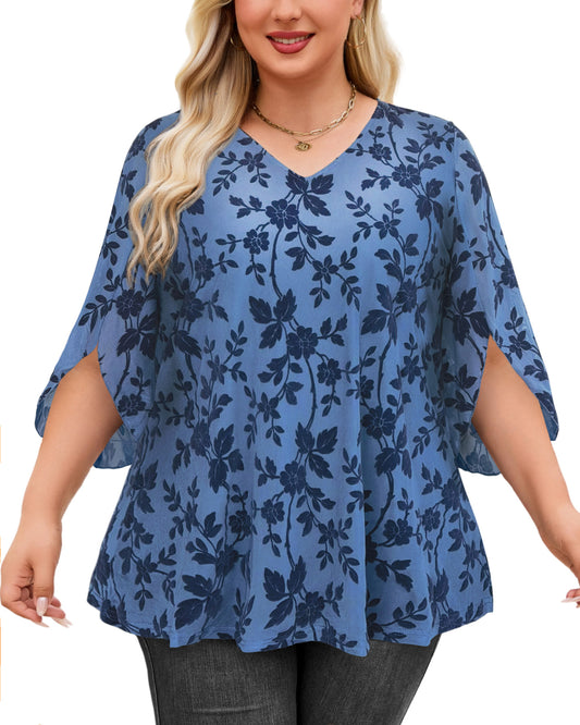 Plus Size Dusty Blue Floral V-Neck Top S6