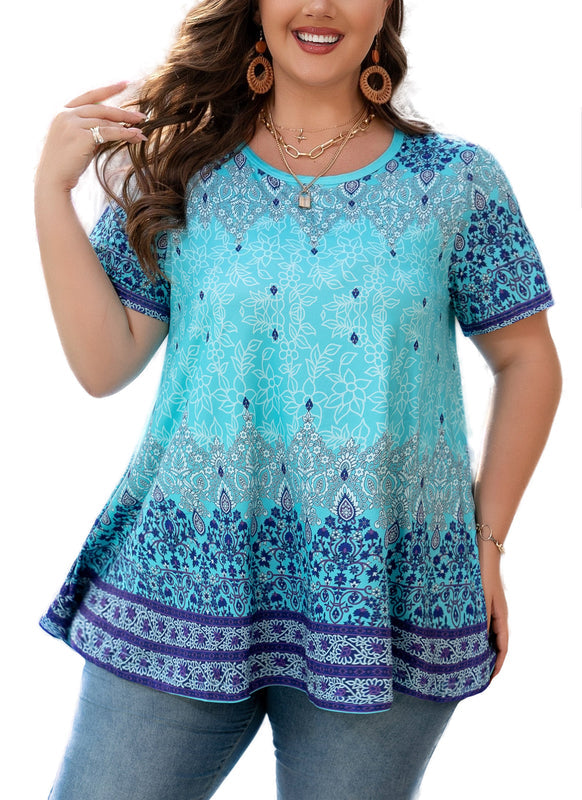 Women's Plus Size Paisley Tunic Top – Short Sleeve, Flowy Swing Blouse to Wear with Leggings b29