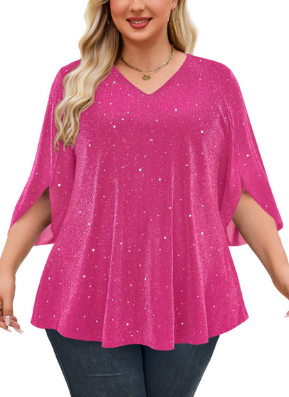 Plus Size Pink Sparkle V-Neck Top S1