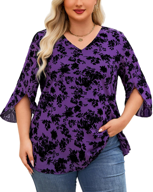 Plus Size Purple Floral V-Neck Top S5