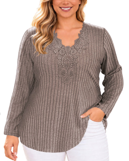 Plus Size Taupe Lace V-Neck Ribbed Tunic Top