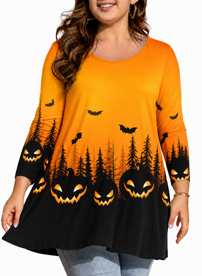 Plus Size Orange Halloween Pumpkin Tunic Top D36