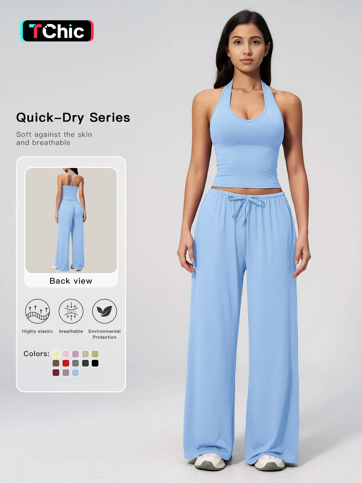 Women's 2-Piece Halter Neck Sports Set | Wide Leg Pants & Sleeveless Top for Workout, Running & Tennis