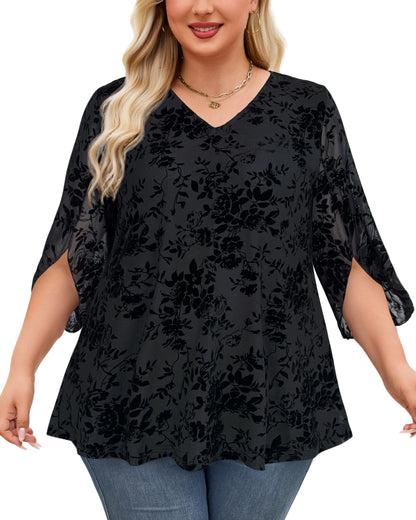 Plus Size Black Floral V-Neck Top S4