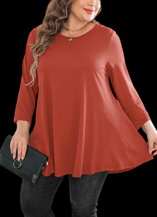 Women's Plus Size Tunic Top | 3/4 Sleeve Swing Blouse, Flowy Loose Fit, Wear with Leggings – Burnt Orange, L to 6XL A21 SATBO3