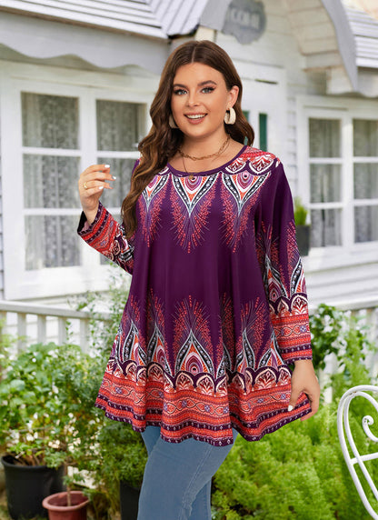 Women's Plus Size Orange & Purple Floral Tunic Top – 3/4 Sleeve Swing Flare Blouse d15