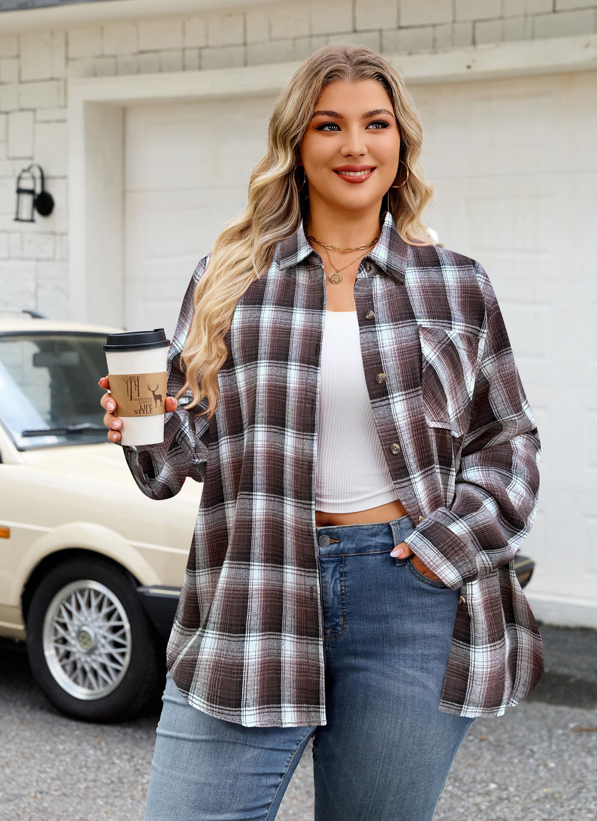 Plus Size Brown Plaid Button-Up Shirt G12