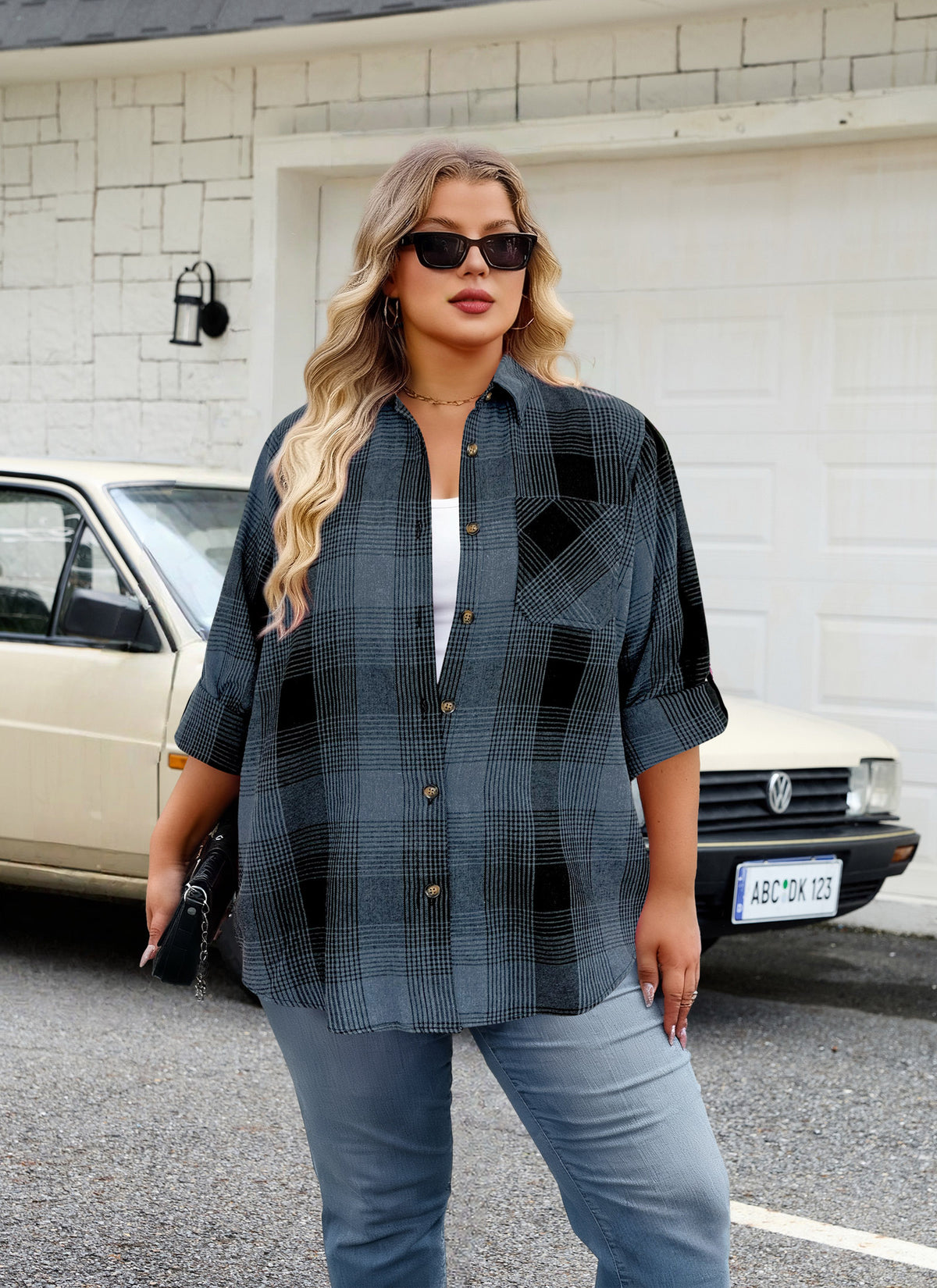 Plus Size Blue Gray Plaid Button-Up Shirt. F20